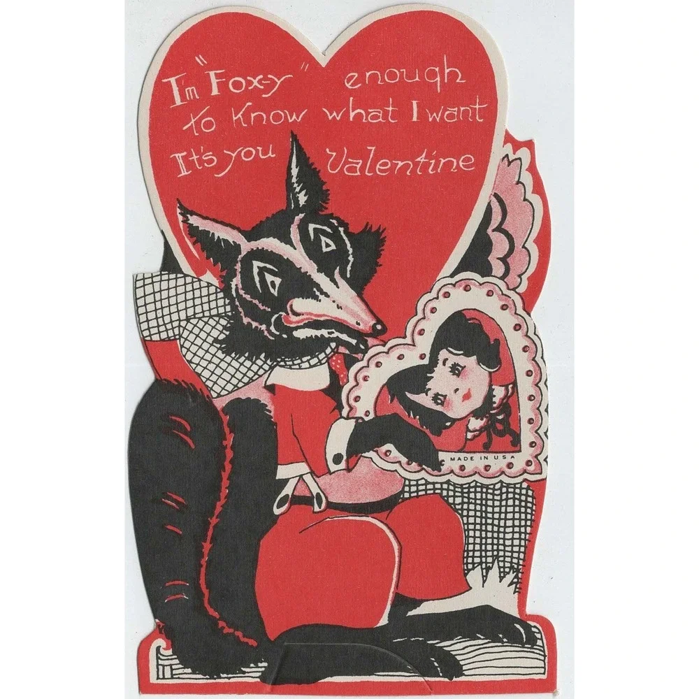 Vintage Die Cut Valentine Card Foxy Fox Heart Made in USA with Envelope
